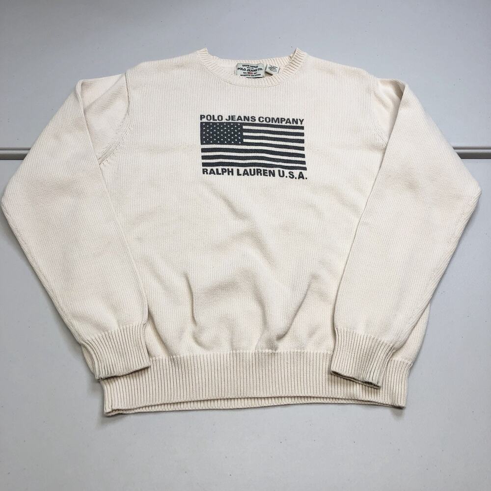 Ralph Lauren Polo Jeans Company Cotton Sweater Men M American Flag Cream Blue